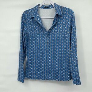 J. McLaughlin blue pattern collar 1/4 button blue long sleeve top
